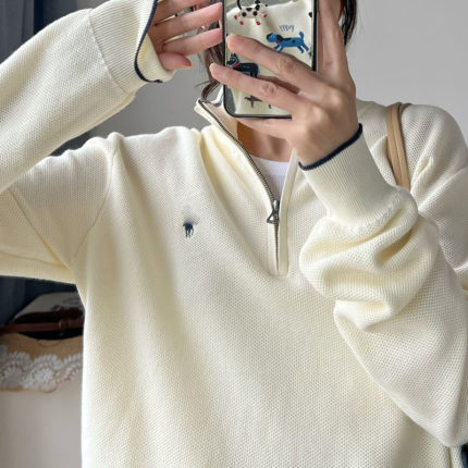 26秋季新款男女同款经典宽松百搭半开领棉菠萝纹老钱风全棉针织衫