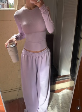 DQ+美式复古辣妹风空气棉抽绳裤松紧高腰直筒显瘦阔腿裤运动套装