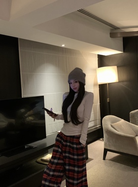 DQ+ 新年氛围穿搭高腰阔腿显瘦垂感棉质复古慵懒格纹撞色休闲裤女