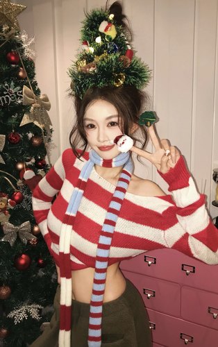 DQ+条纹一字肩毛衣女冬季内搭打底衫超好看独特漂亮套头针织上衣