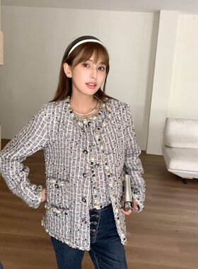 重工轻奢小香风手工串珠气质上衣2025秋冬粗花呢编织名媛气质外套