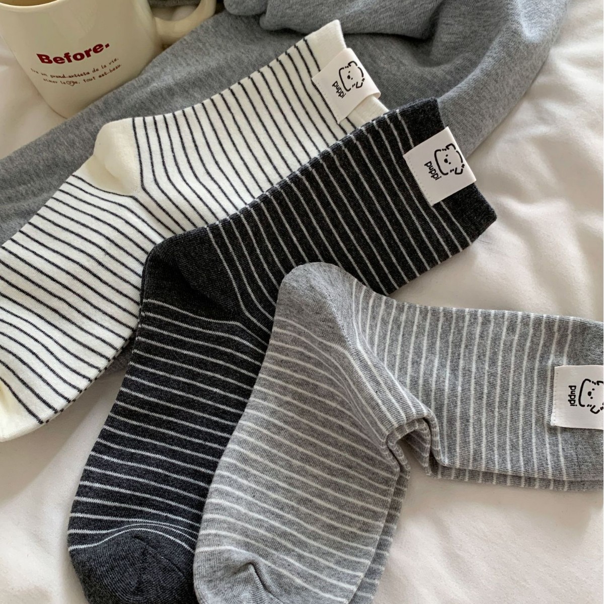 ins简约可爱小狗布标四季款韩系百搭条纹jk学院风堆堆无骨袜