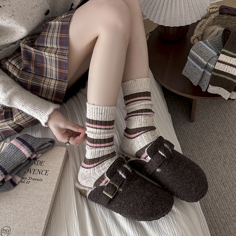 点子纱羊毛中筒袜子女粗线毛毛韩版ins潮加厚保暖条纹撞色堆堆袜