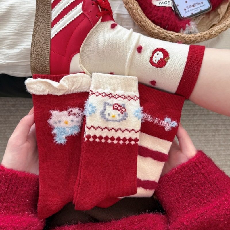 大红保暖可爱猫咪羊绒袜子女条纹卡通中筒袜新年红色本命年堆堆袜,女士内衣/男士内衣/家居服,连裤袜/打底袜,淘宝优惠券,粉丝福利购,淘宝优惠卷