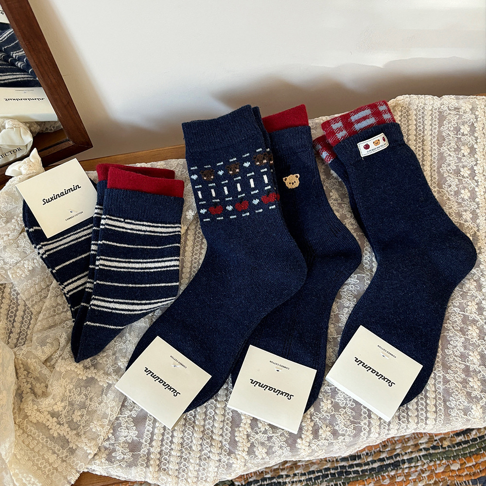 suxinaimin袜子女春秋冬红蓝色系ins潮暖绒中筒袜小熊条纹堆堆袜