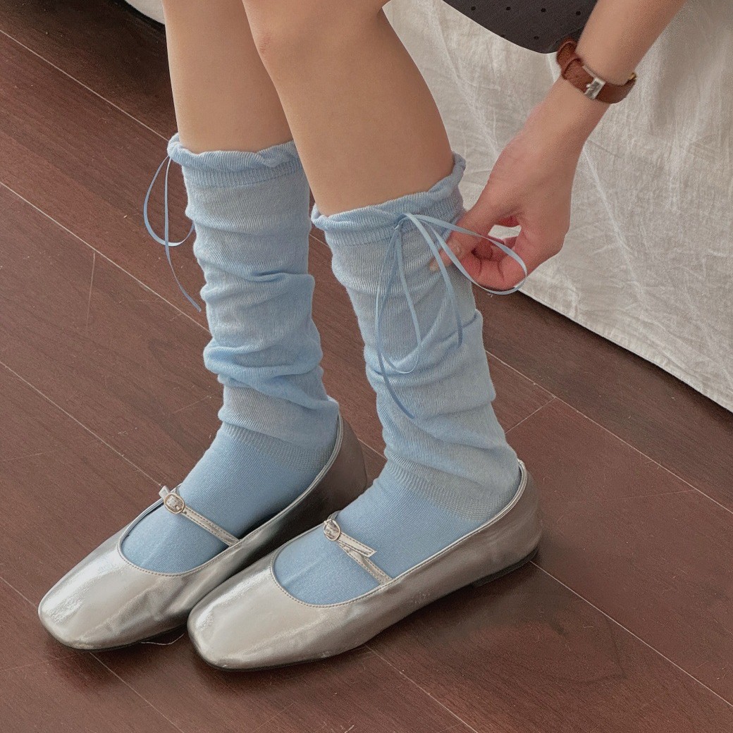 蝴蝶结泡泡口叠穿堆堆袜小腿袜2025小清新日系中筒袜诸暨袜子