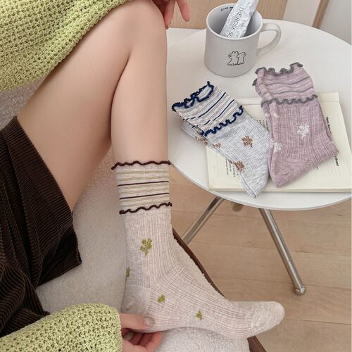 雀米ins森系复古JK双木耳边中筒女袜韩网红碎花春季透气堆堆袜