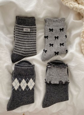 秋冬加厚保暖灰色系蝴蝶结羊毛袜女袜韩系条纹egg布标无骨中筒袜