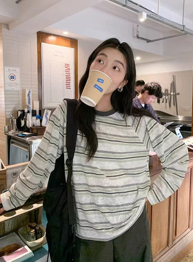 韩系条纹撞色圆领宽松长袖T恤女