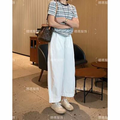 凉感舒适高腰九分阔腿白色休闲裤