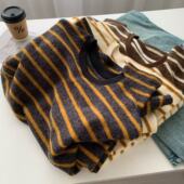 清仓 特价 仿兔绒条纹卫衣女25秋冬保暖磨毛松弛感圆领套头上衣