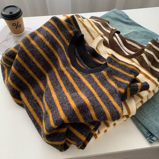 垂感慵懒仿兔绒条纹卫衣女25秋冬加厚保暖磨毛松弛感圆领套头上衣