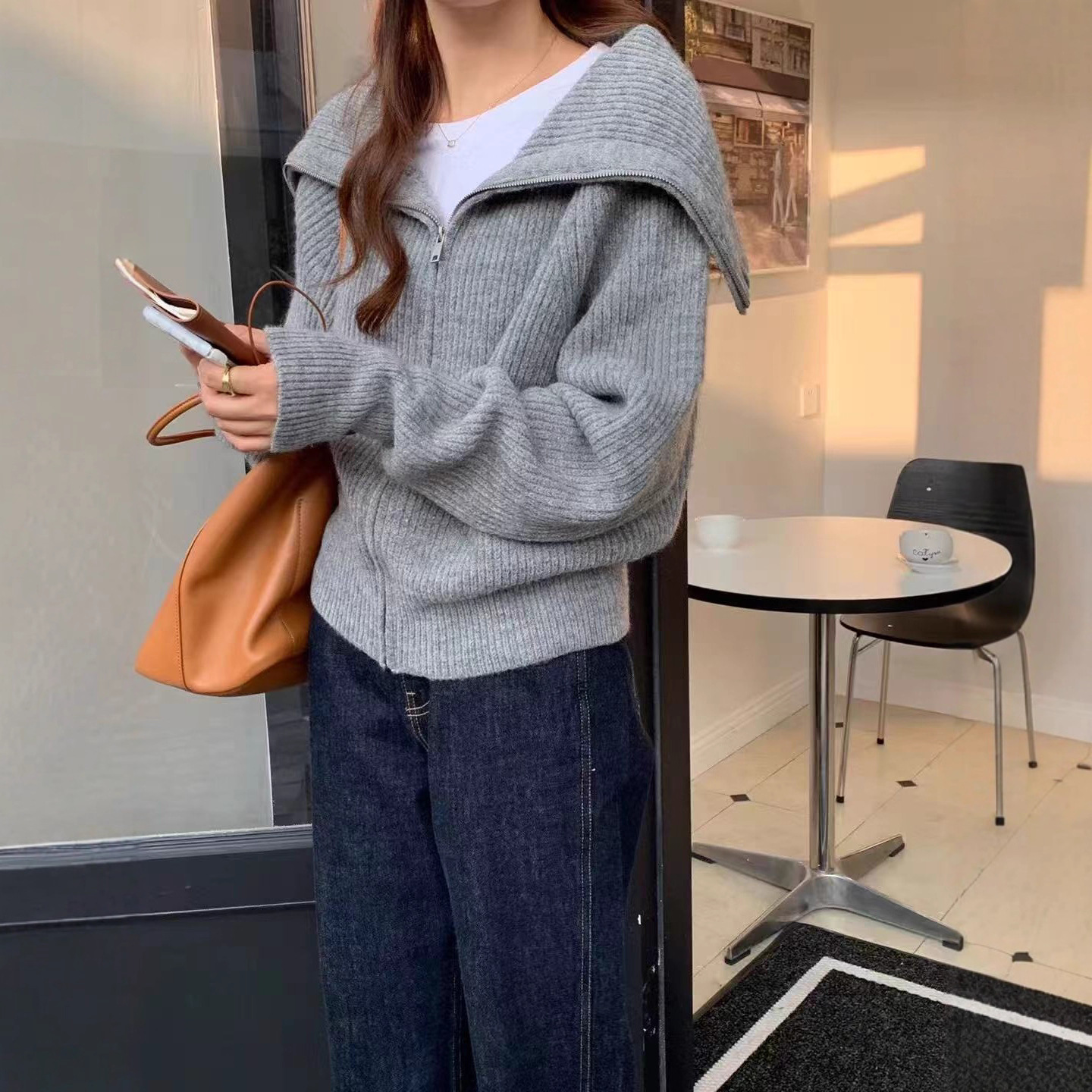 韩系双拉链！巨显瘦毛衣外套