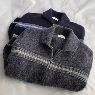 韩系立体撞色条纹双拉链开衫 毛衣外套女翻领休闲百搭针织衫