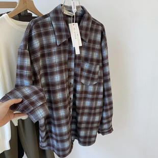 男友风磨毛棉格子衬衫 ANNIE 2024秋复古宽松大版 韩系新款 女 品质款