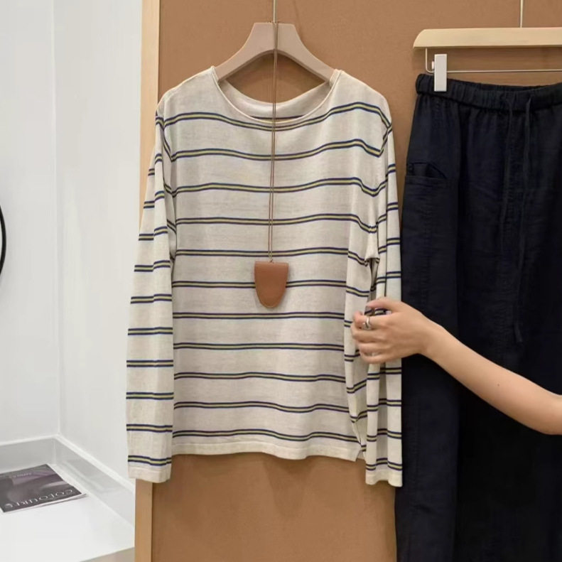 天丝麻针织衫女夏季薄款一字领卷边防晒衣长袖罩衫条纹t恤空调衫