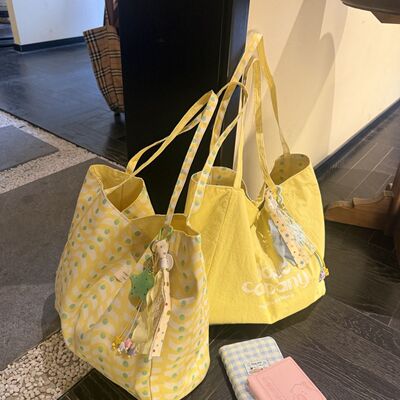 韩系休闲格纹双面背帆布包女夏季