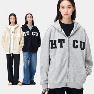 HTCU 潮牌基础LOGO拉链卫衣灰色外套情侣装男女美式开衫外套加绒