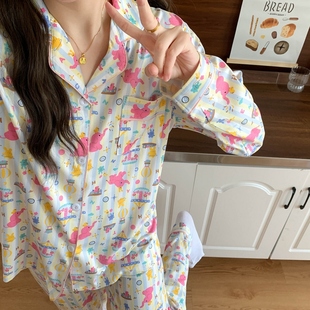 睡衣女款 长袖 大码 春秋季 可外穿 长裤 纯棉卡通小萌象宽松家居服套装
