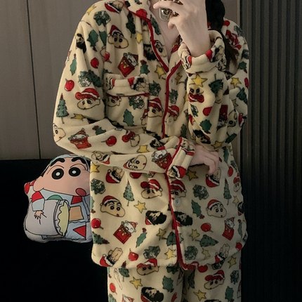 情侣睡衣卡通蜡笔小新秋冬季男女珊瑚绒法兰绒大码家居服加绒加厚