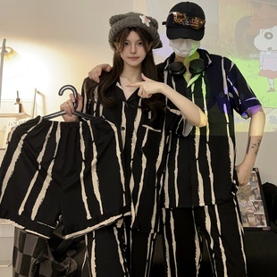 ins风黑白条纹春夏季 情侣家居服 短袖 纯棉睡衣男女高级感三件套装