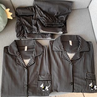 ins日系条纹刺绣小狗情侣睡衣纯棉长袖 长裤 春秋季 情侣家居服套装