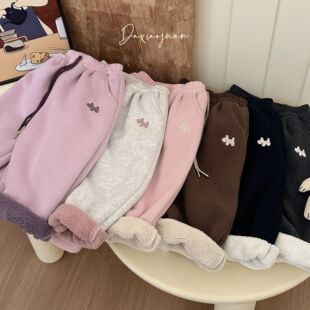 大小卷儿童冬季洋气加绒加厚宽松裤子 撞色男童女童休闲保暖卫裤