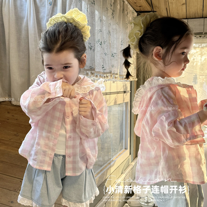 大小卷夏季刺绣花边娃娃领长袖衬衫女宝甜美衬衣纯棉薄款防晒衣