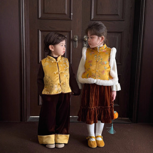 大小卷儿童宝宝冬季新款男童女童中国风复古保暖新年中式提花马甲