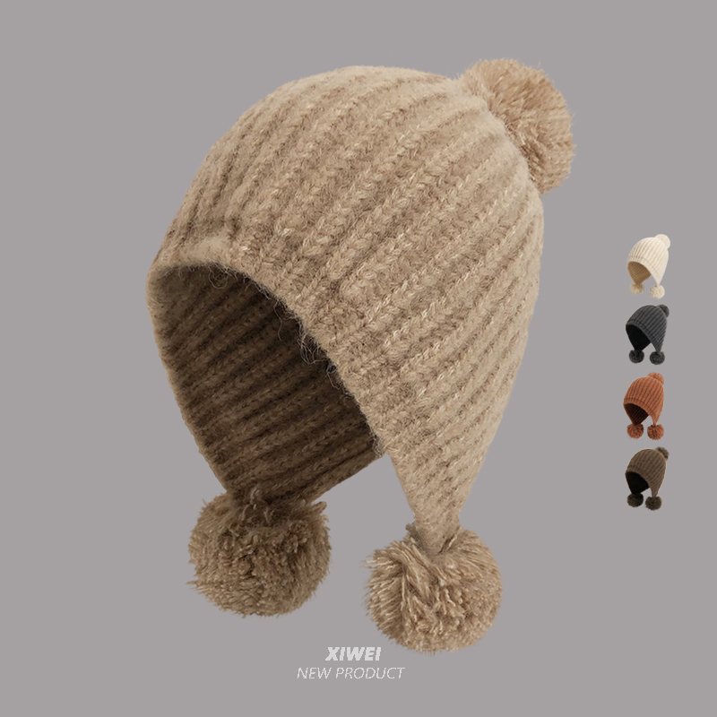 双球毛线帽护耳帽包头帽