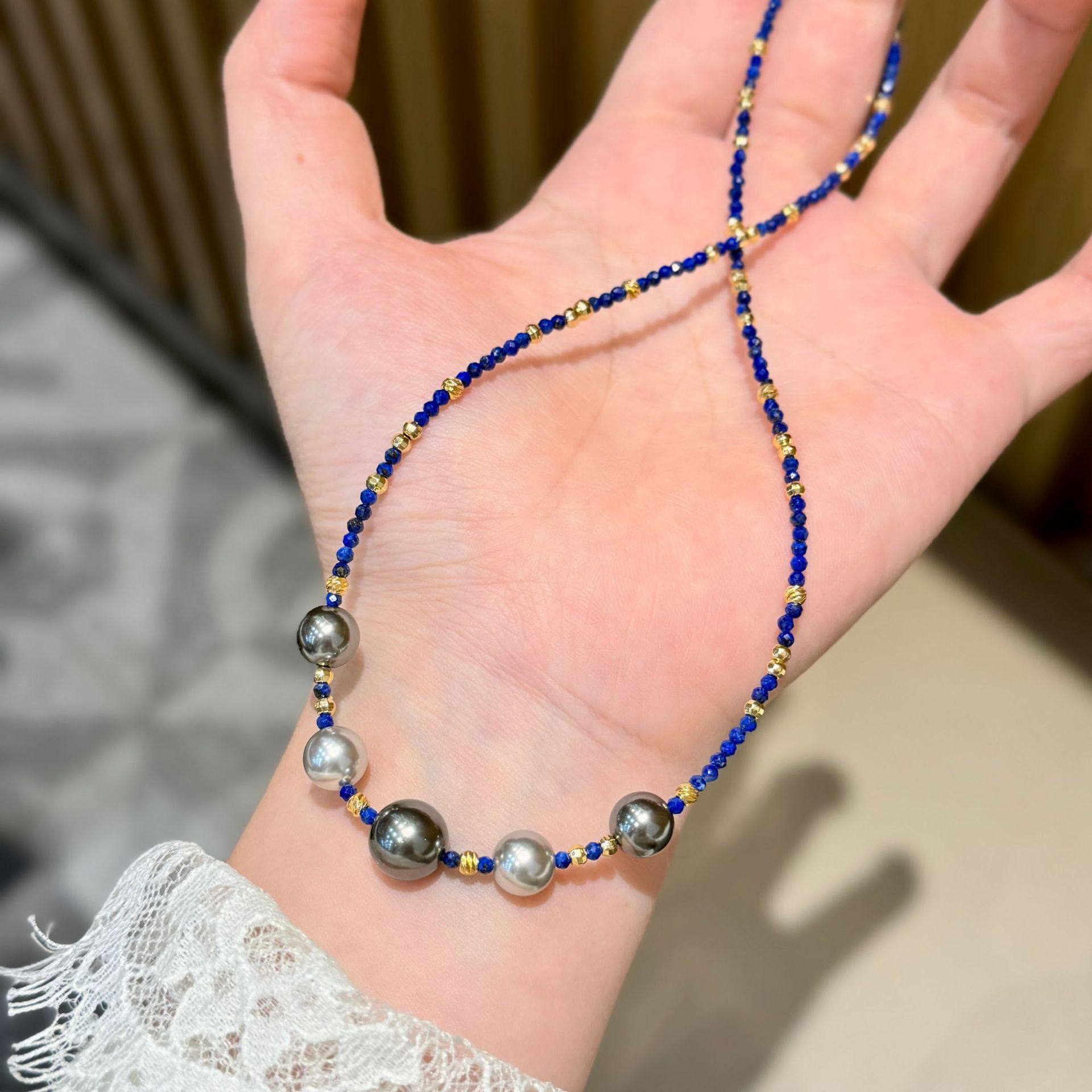 s925纯银天然青金石拼接混彩施家珍珠项链女精致高级时尚轻奢颈链