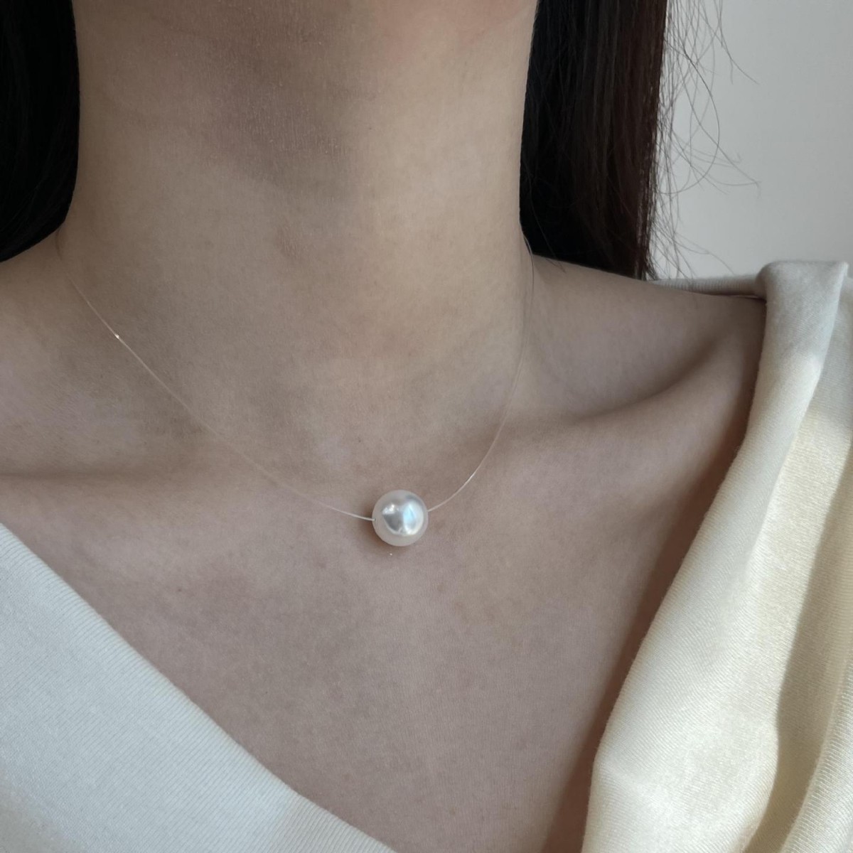 s925纯银施家珍珠透明隐形鱼线项链女简约锁骨链法式气质超仙颈链