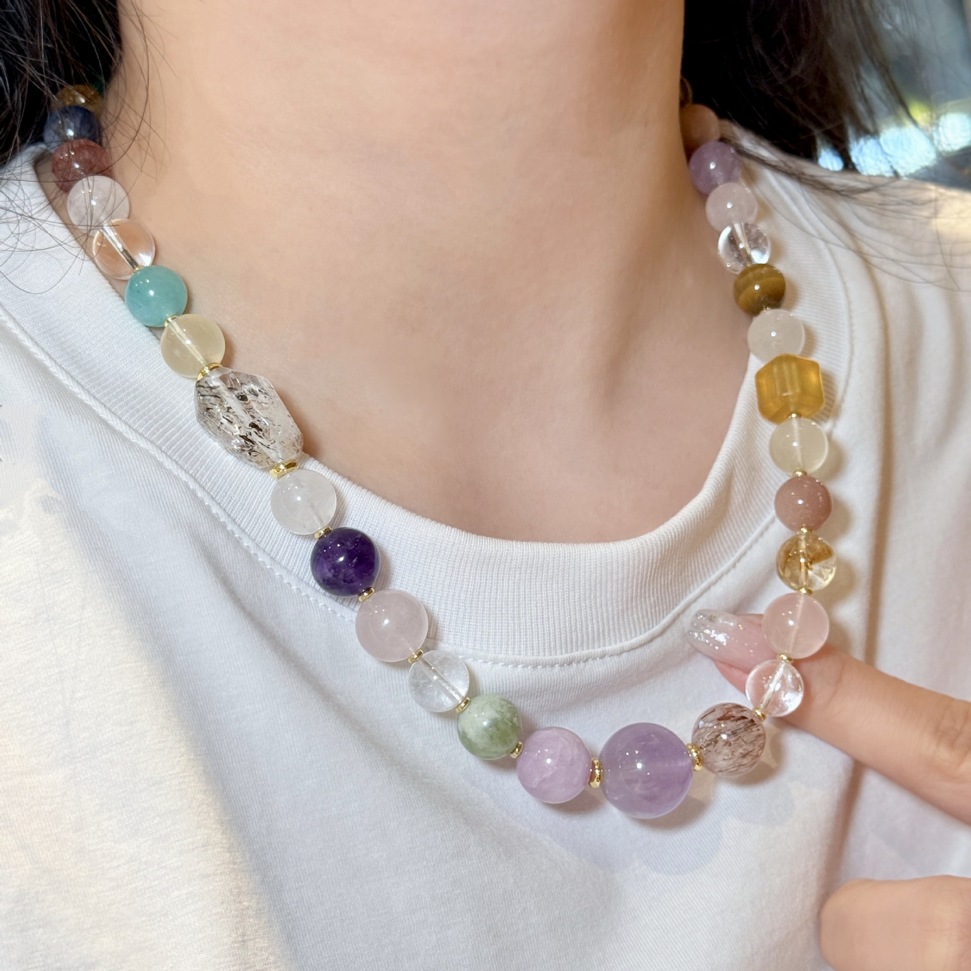 韦雪同款天然水晶串珠紫水晶黑金超七紫锂辉多宝水晶项链女高级感