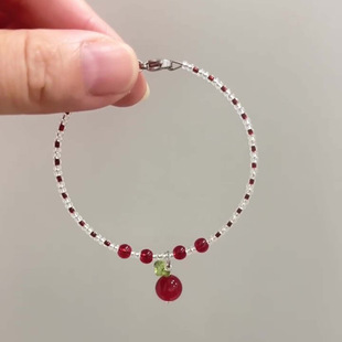 苹果纯银手链圣诞红玛瑙s925天然女小众设计简约高级感氛围感手饰
