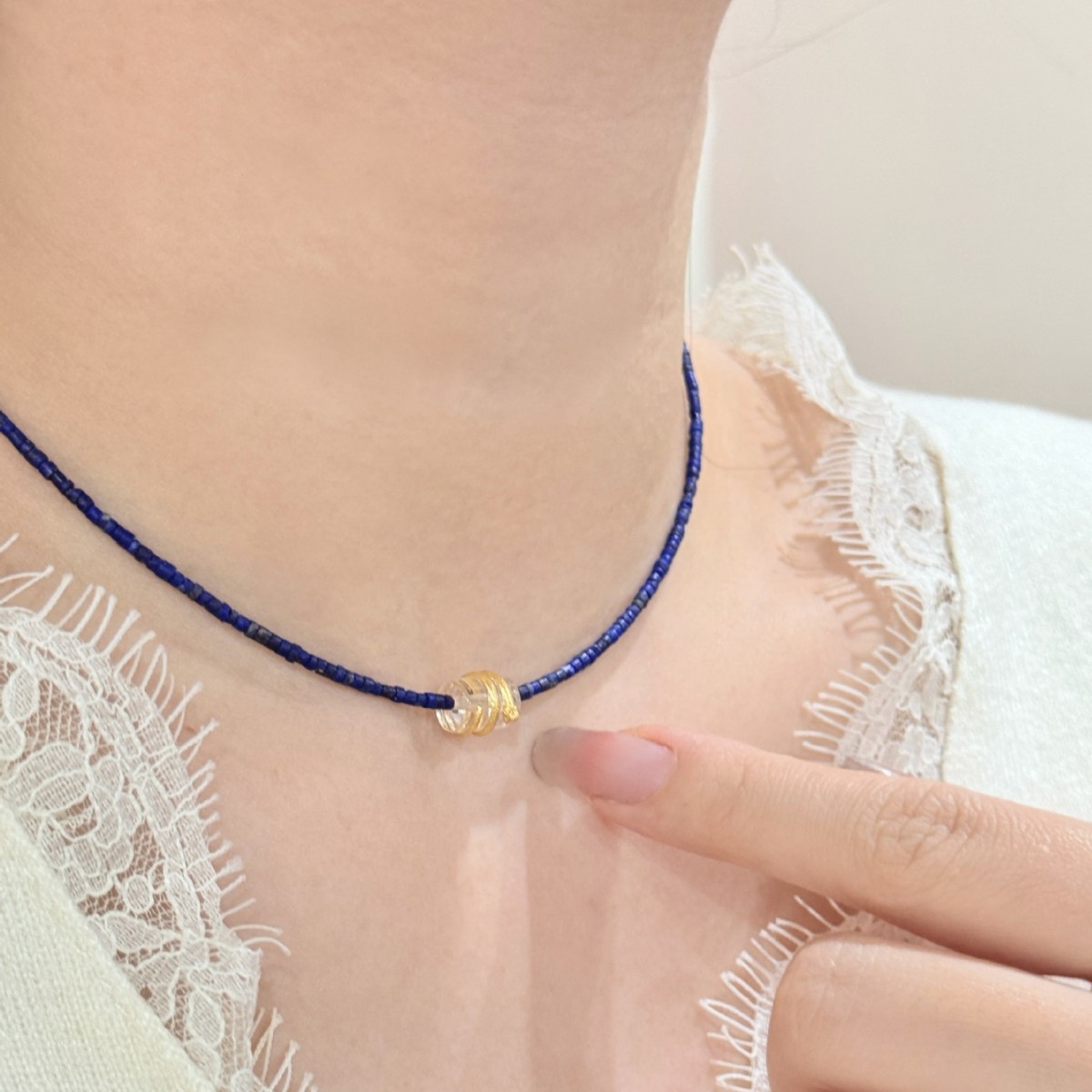 s925纯银原矿青金石珠串小众设计天然白水晶卷蛇女极细简约颈链