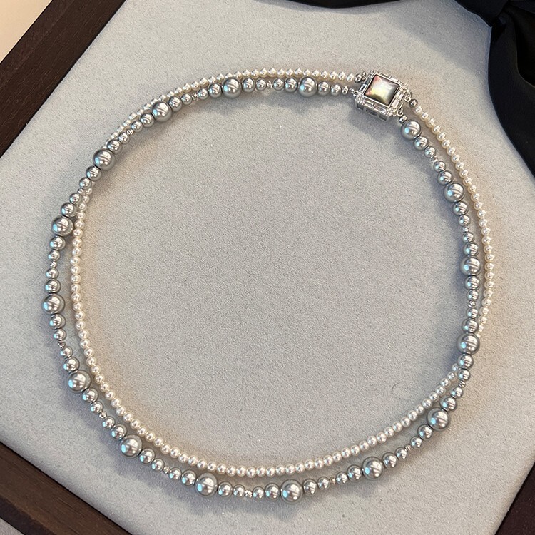 双层施家珍珠项链叠代女轻奢小众设计天然黑贝母扣百搭毛衣链颈链