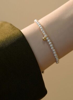 天然小珍珠14K包金手链简约气质简单美细手钏可调节一粒珠吊坠潮