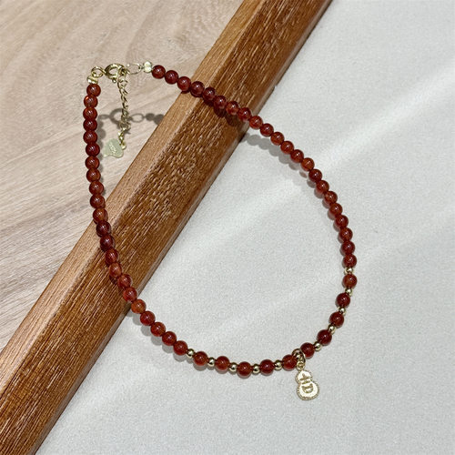 s925纯银天然红玛瑙大吉葫芦脚链女小众设计简约本命年足链饰品
