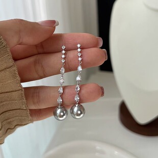 蒂奇法式优雅长款流苏仿珍珠耳钉女S925银超闪水滴锆石名媛风耳饰