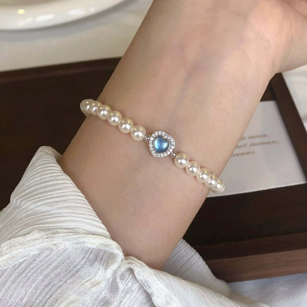 纯银海蓝宝爱心手链女高级感施家珍珠手串女海洋之心情人节礼物