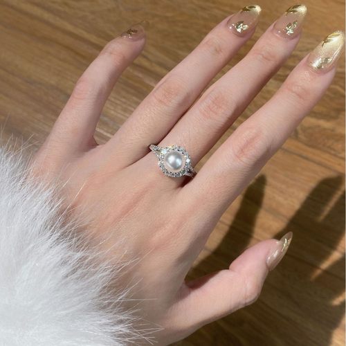 s925纯银施家澳白珍珠鸽子蛋满钻戒指轻奢小众高级感圆环食指戒