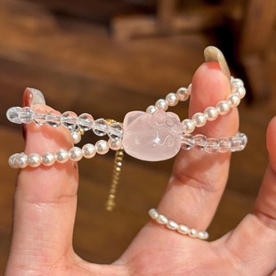 s925纯银白水晶双层手串天然粉晶KT猫手链女小众设计珍珠手饰