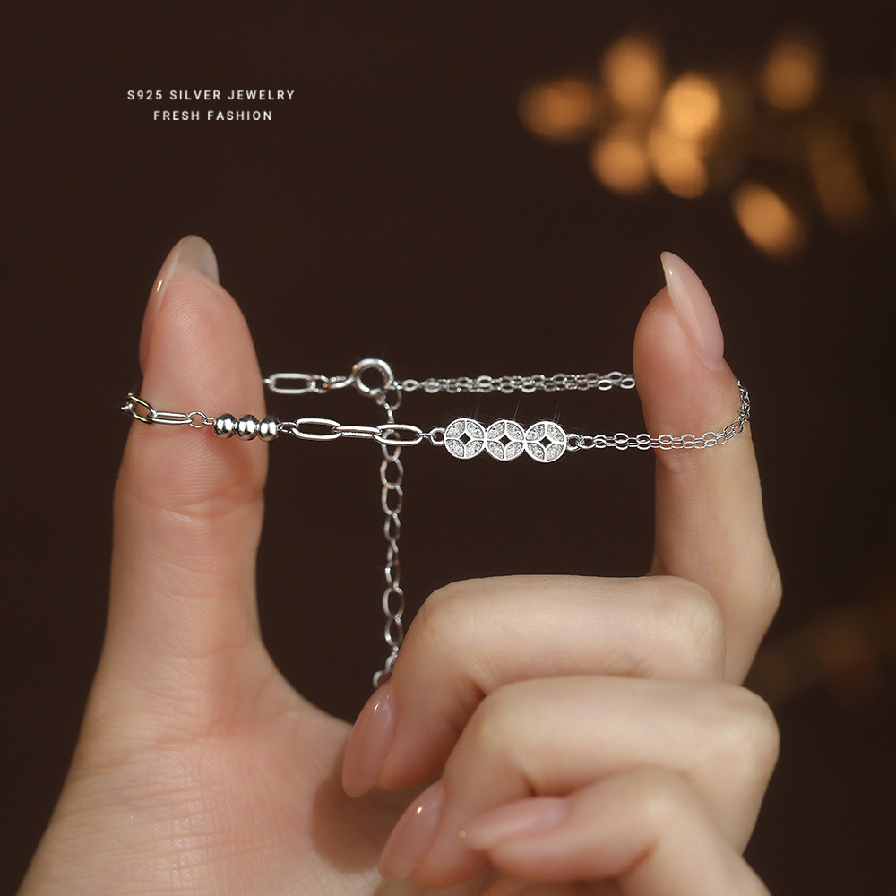 S925纯银钱币银豆子手链女时尚小众设计叠戴风拼接感转运手饰素银