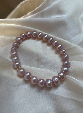 浪漫淡淡的紫 天然珍珠手链女小众设计松紧弹力线925银镀18k金珠