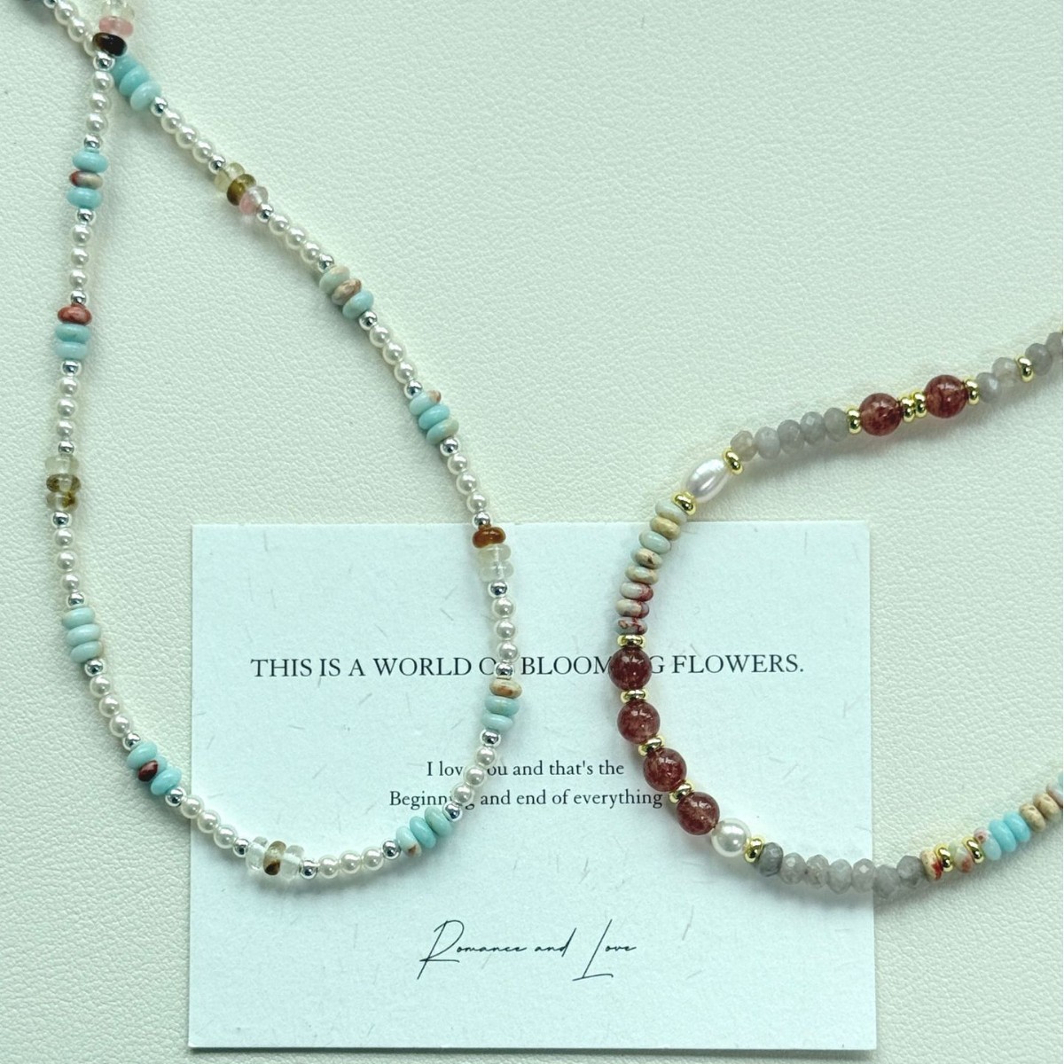 s925纯银天然草莓晶项链女轻奢小众夏天锁骨链施家珍珠蓝色串珠