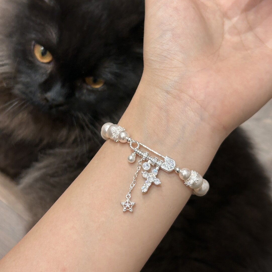 甜酷风抽拉手饰满钻回形针星星手链小众轻奢高级感施家珍珠手串女