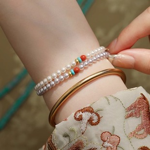 新中式施家珍珠手链天然南红玛瑙高级感小众设计算盘绿松石手链