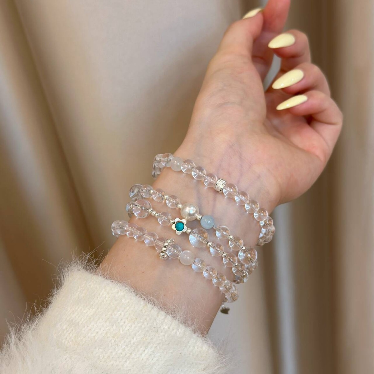 s925纯银白水晶绿松石花朵手链女小众设计高级感夏日海风精致