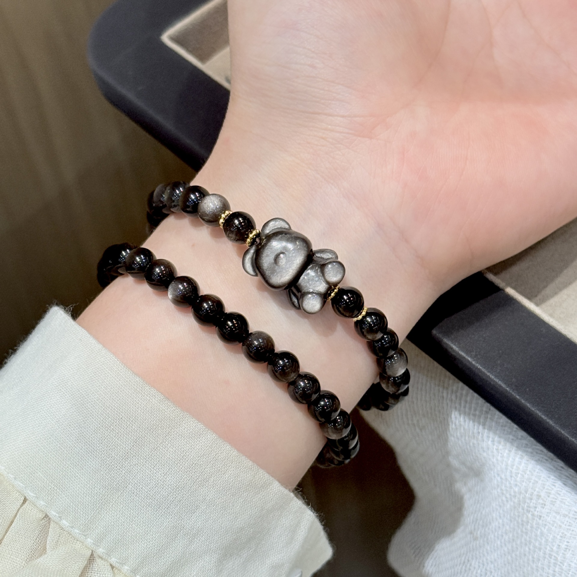 天然黑曜石手串暴力熊手链小众设计个性银曜石小熊手饰甜酷风配饰