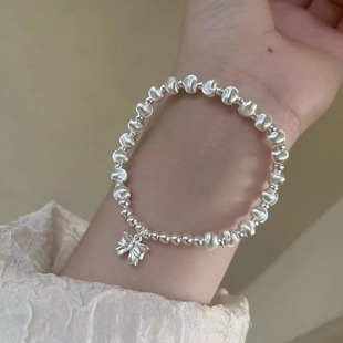 猫眼手链s925纯银蝴蝶结银珠手串女弹力绳转运珠手工简约小众手饰